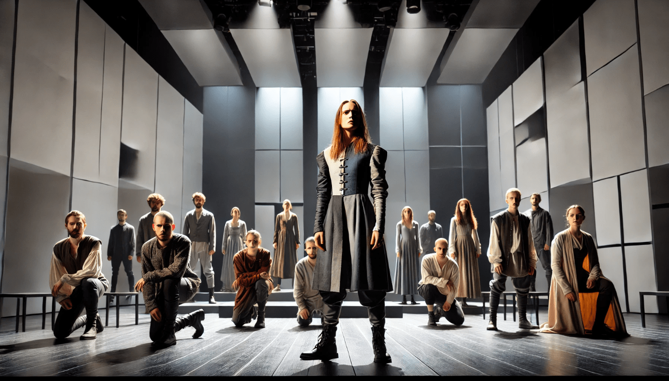 Modern stage production of Hamlet with a diverse cast and a female actor playing Hamlet.