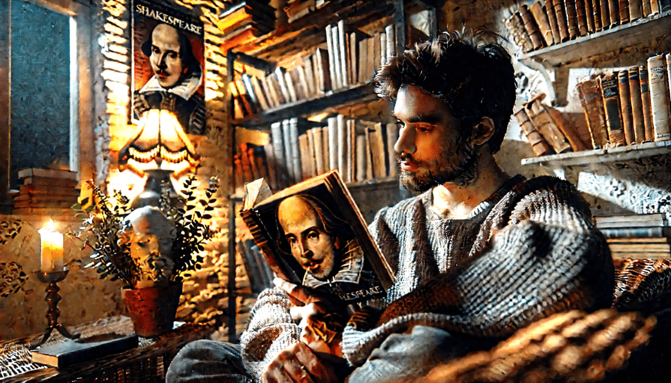 Individual reading a Shakespearean play, reflecting on its themes of love, identity, and power.