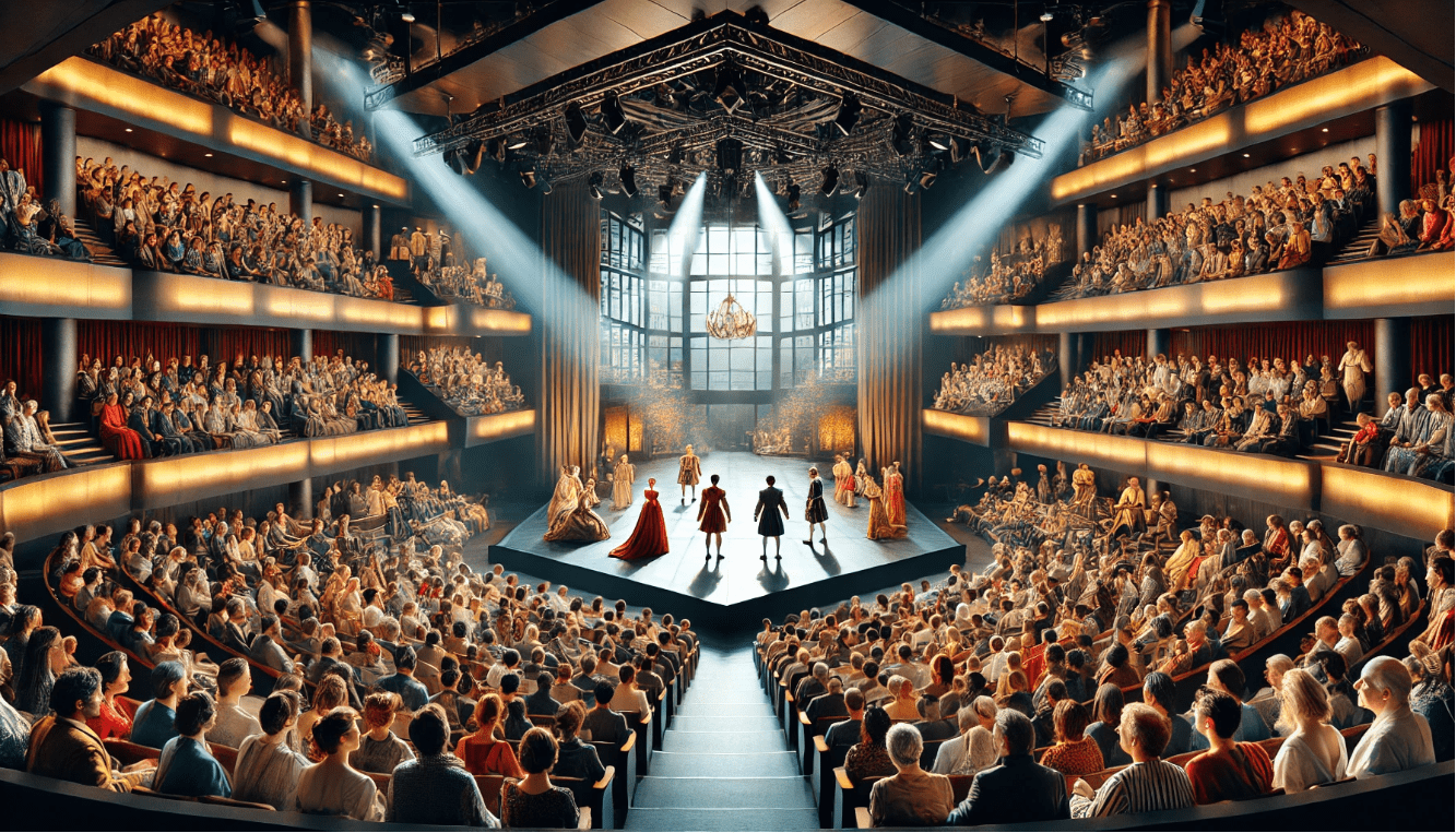 Grand theatrical performance of Shakespeare’s play with a diverse global audience in a modern theatre.