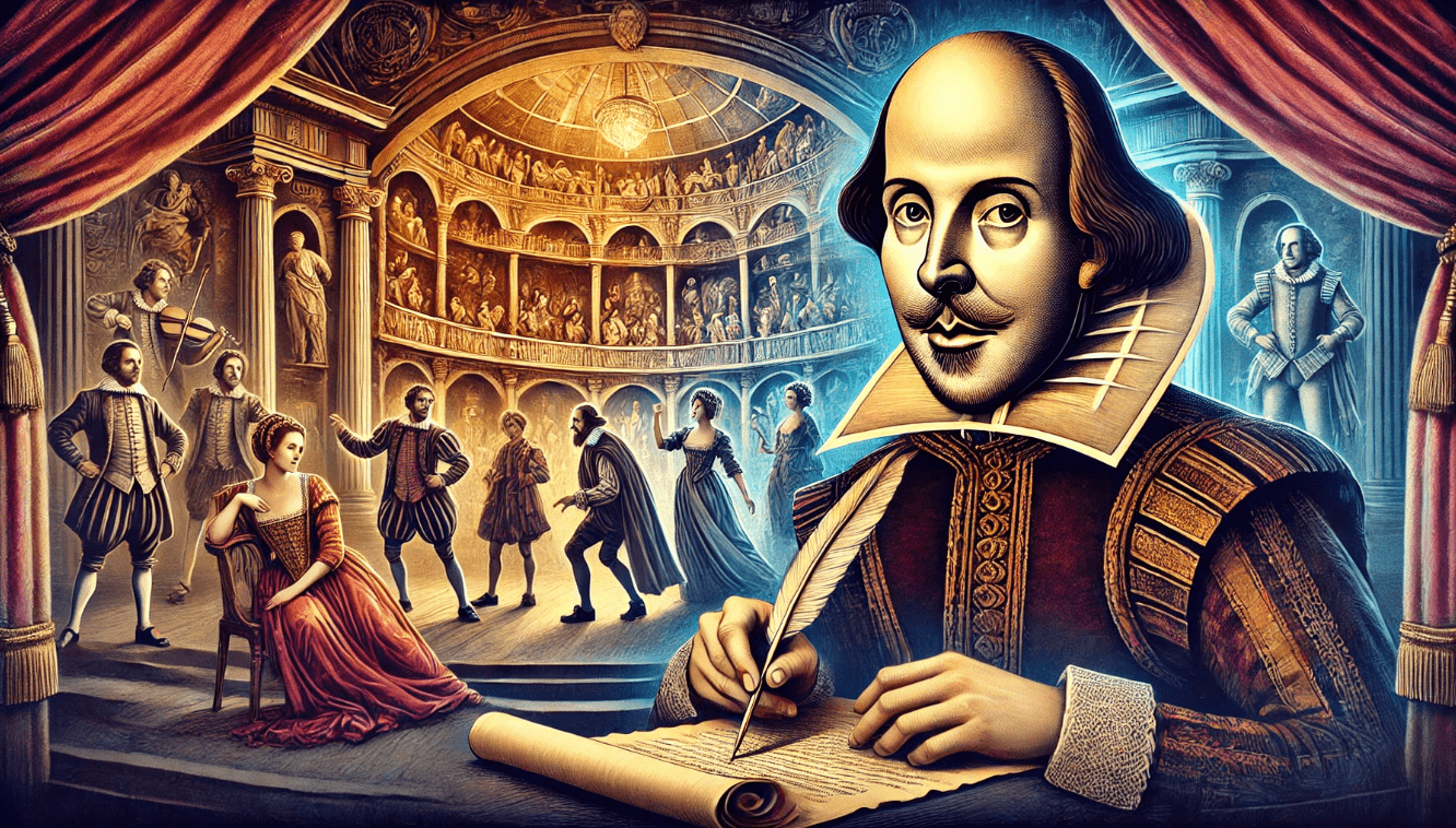 Portrait of William Shakespeare with quill and parchment, symbolizing his contributions to theater and literature.