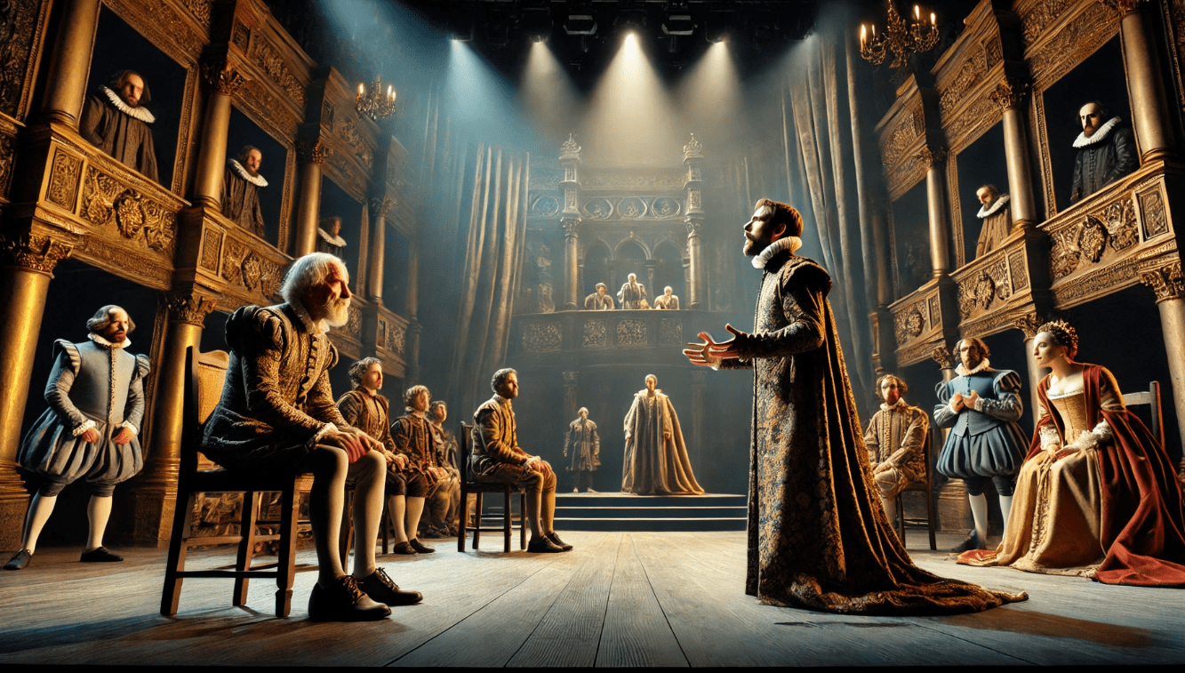 Actors performing a dramatic Shakespearean play, showcasing character development and theatrical innovations.