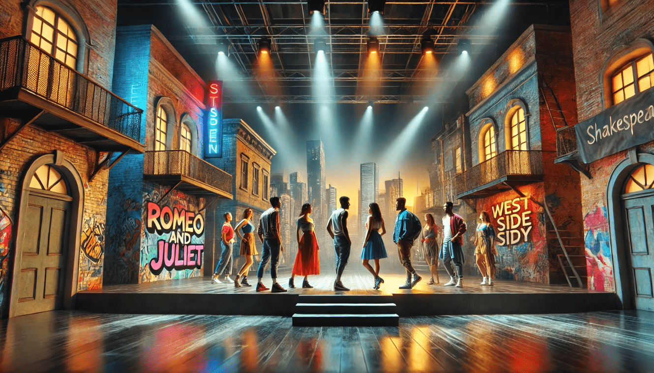 Modern theater production inspired by Shakespeare’s plays, such as West Side Story or Romeo and Juliet, set in a contemporary urban setting