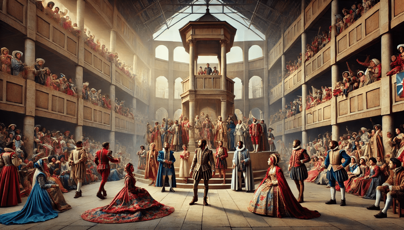 Shakespearean festival with diverse actors performing in different languages, symbolizing Shakespeare’s global influence.