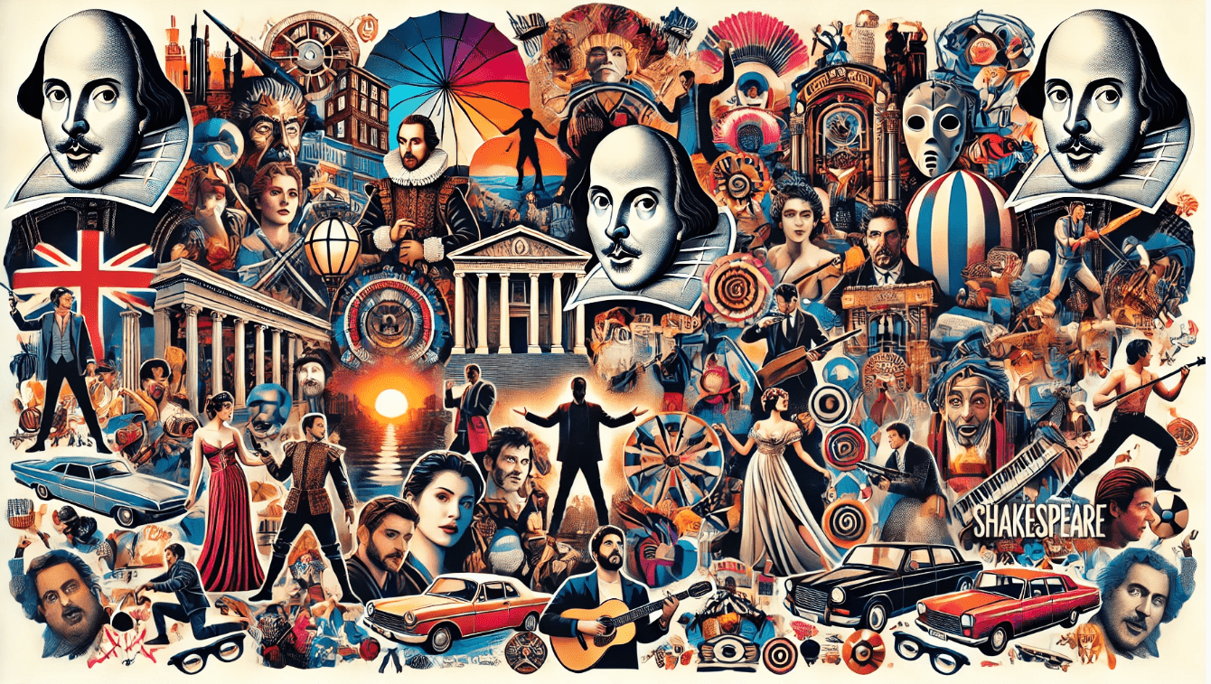 Collage of Shakespearean adaptations in film, theater, and media, highlighting his everlasting influence on modern entertainment.