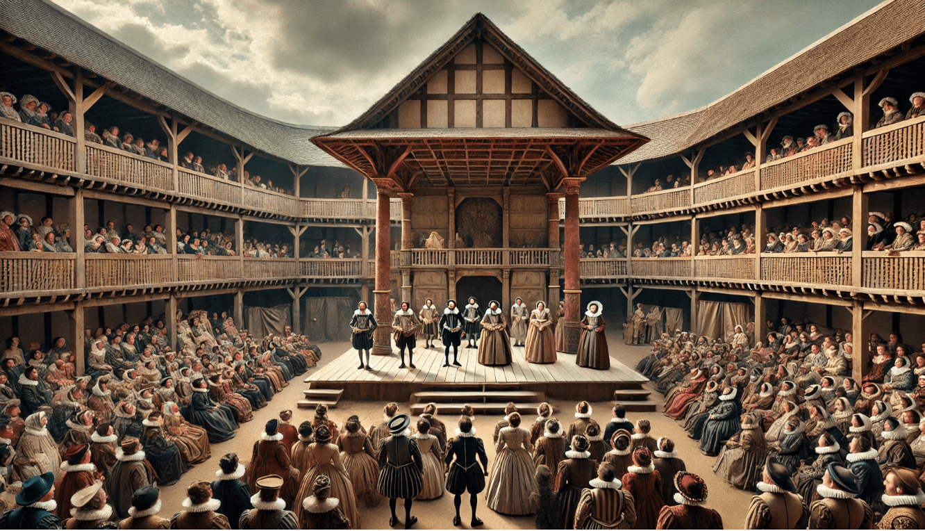 16th-century Globe Theatre stage with actors in Elizabethan costumes performing to a standing audience, showcasing early theatre design