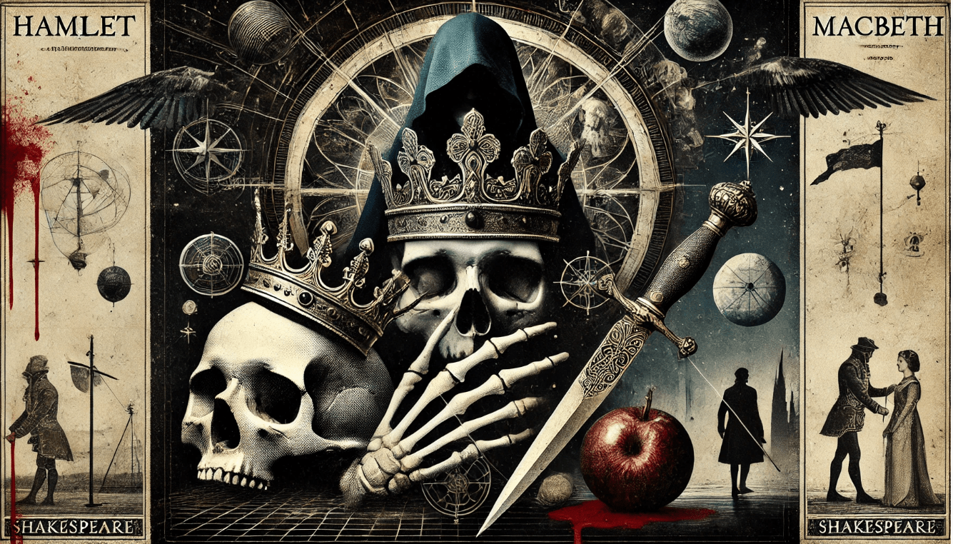 Collage of Shakespeare’s iconic characters, Hamlet, Macbeth, and Lady Macbeth, with symbolic imagery representing themes of power, guilt, and ambition