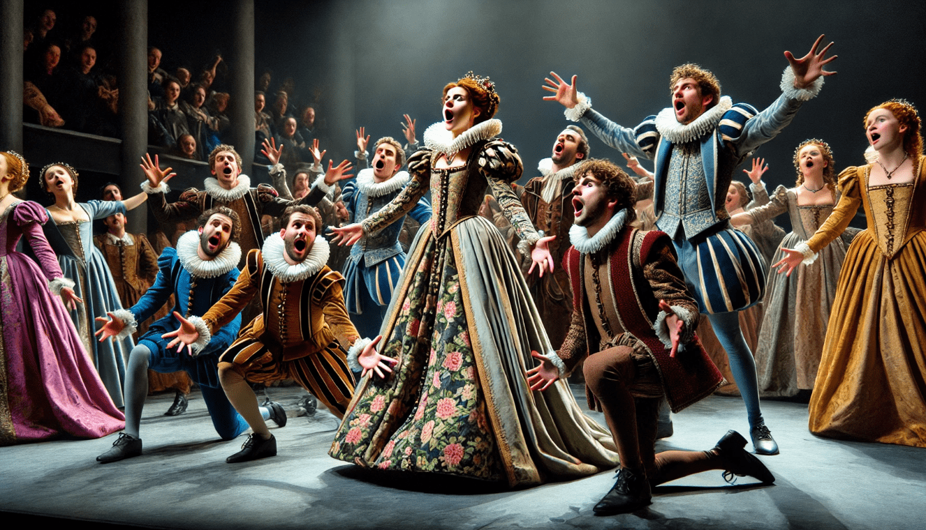 "Modern actor or director drawing inspiration from Shakespeare's work, with visual elements from film adaptations of his plays like 'Romeo and Juliet' and 'Hamlet