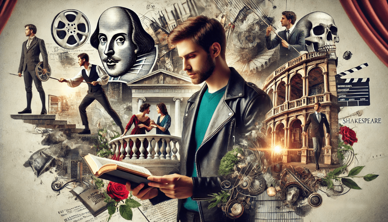 A modern theatre director or actor, dressed in contemporary clothing, is studying a script of Shakespeare's work