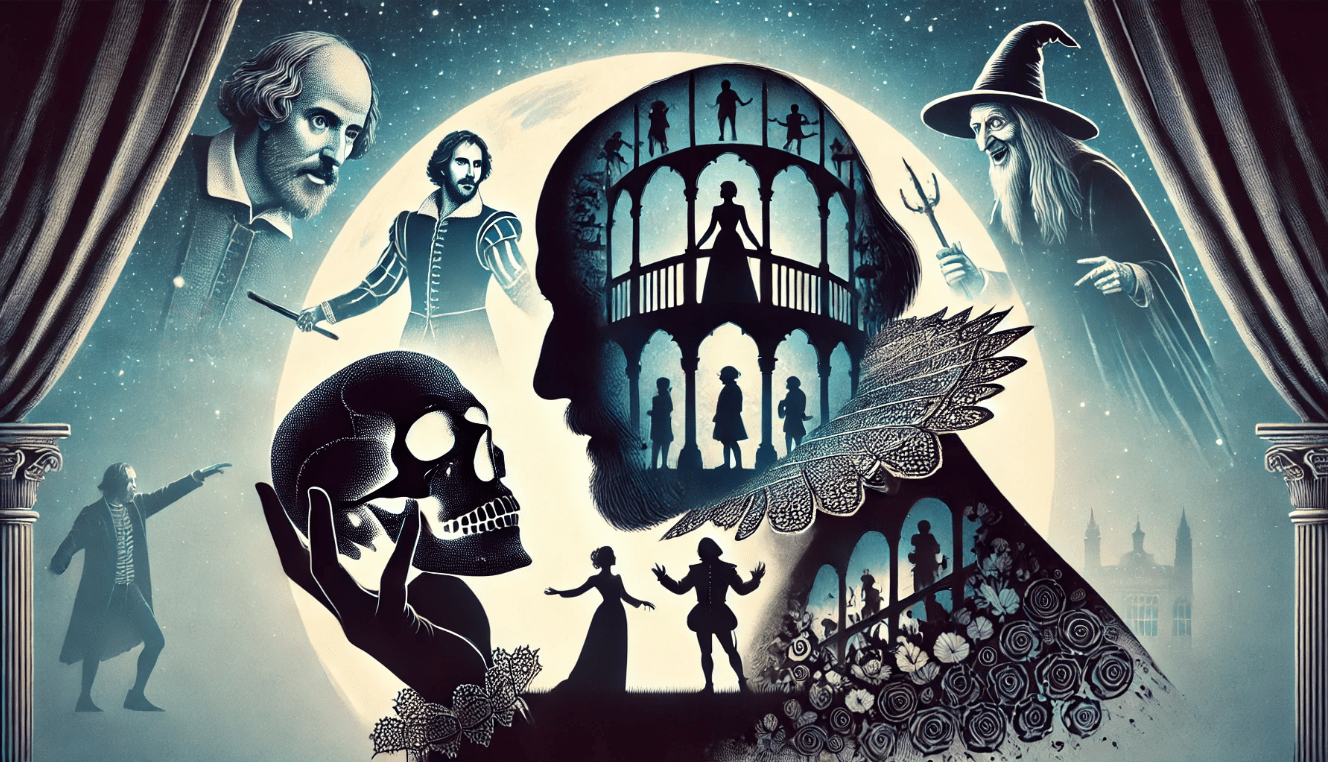 Silhouette of William Shakespeare surrounded by scenes from his famous plays, illustrating his cultural and literary influence.