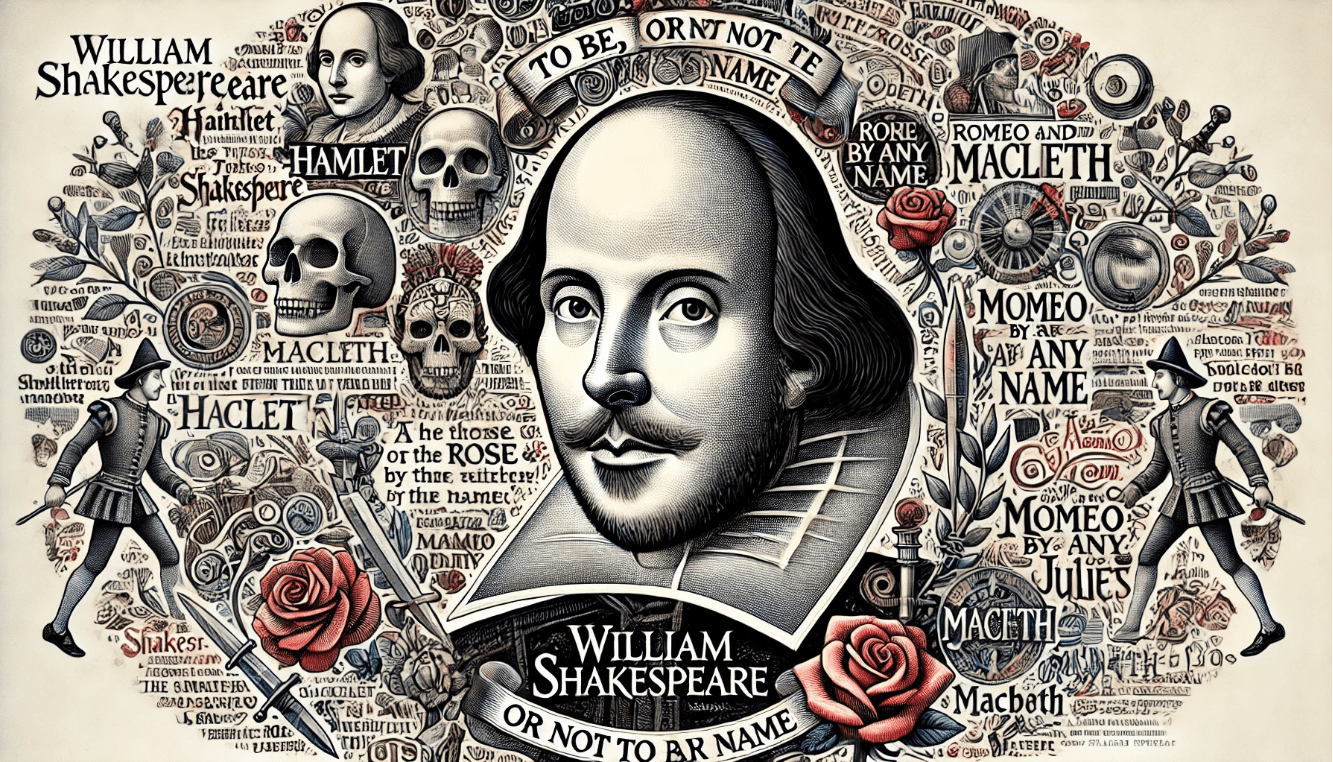 Classic portrait of William Shakespeare with quotes and scenes from his iconic plays, highlighting his lasting impact on language and literature