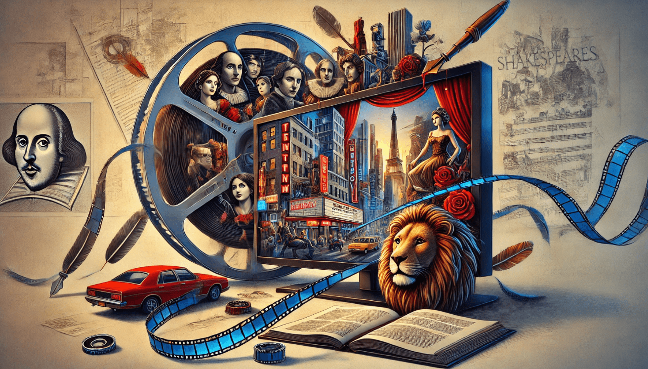 Film reel showing modern adaptations of Shakespeare’s plays like West Side Story and The Lion King, showcasing his cultural relevance in today’s media.