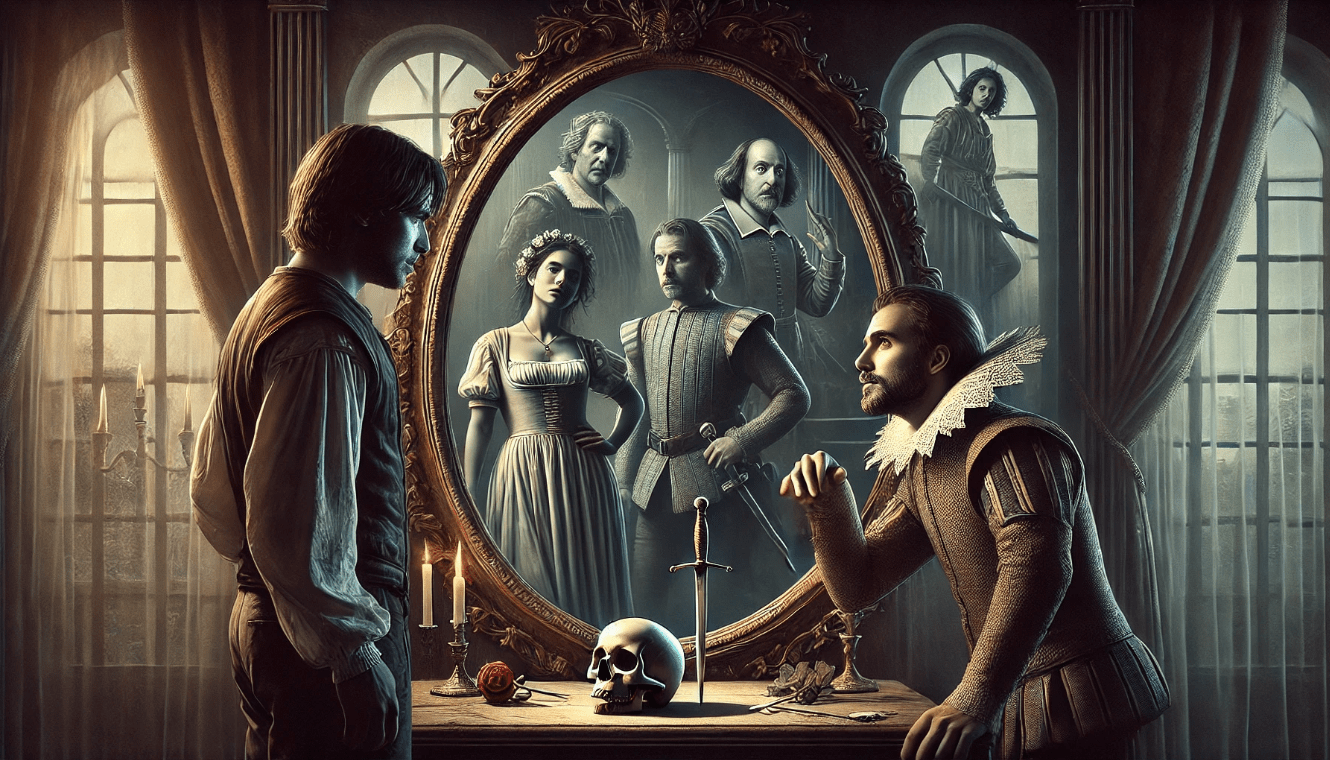 Mirror reflecting iconic Shakespearean characters like Hamlet, Macbeth, and Juliet, representing how his plays mirror human emotions and nature.