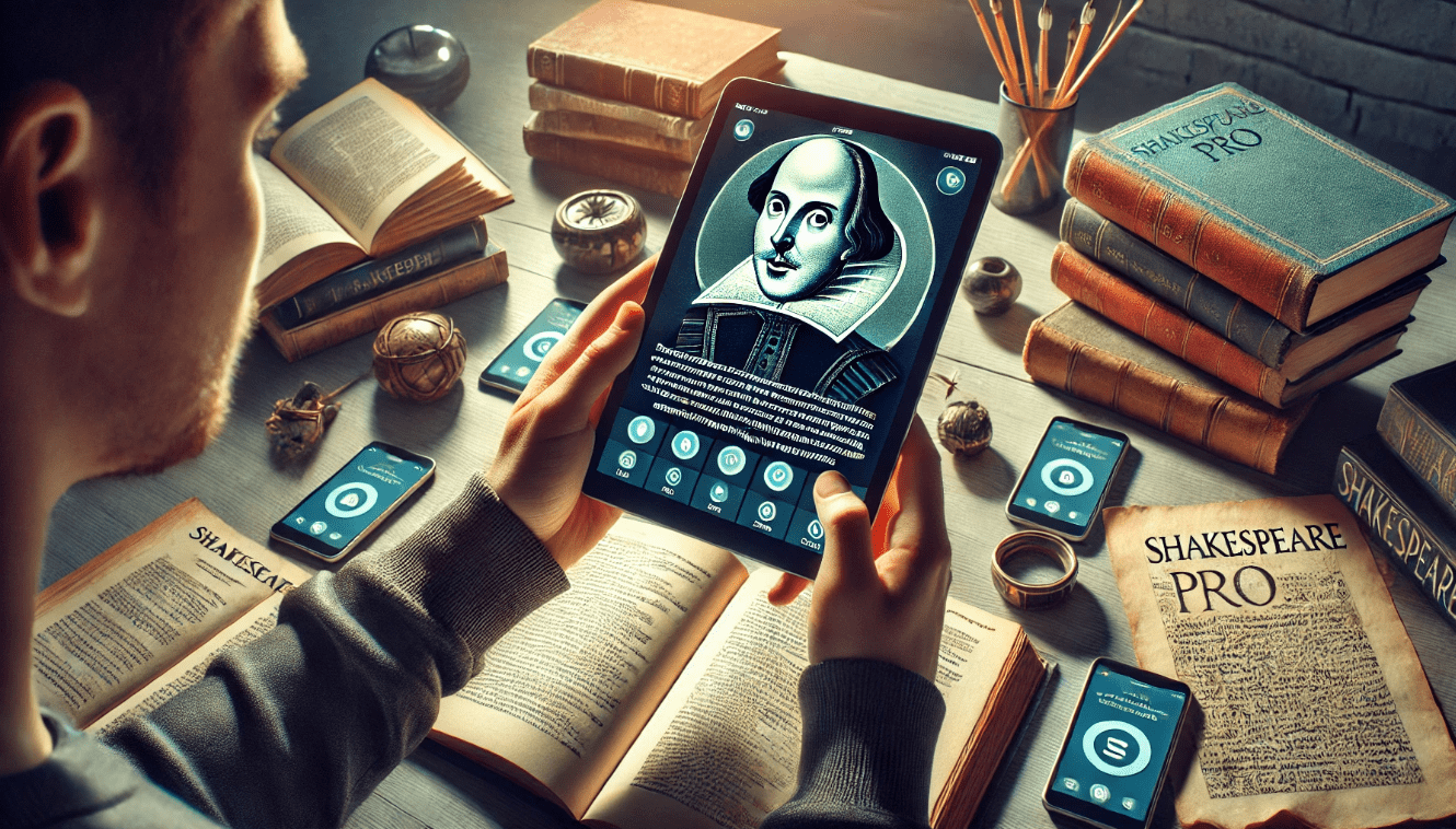 Person reading a Shakespearean play on a tablet, illustrating modern digital methods to engage with Shakespeare’s works through apps like Shakespeare Pro.