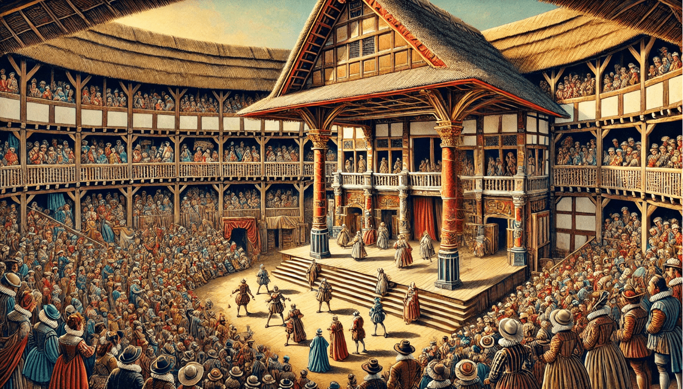 The Globe Theatre in the 16th century with actors performing on stage, showcasing the historic atmosphere of Shakespeare's time
