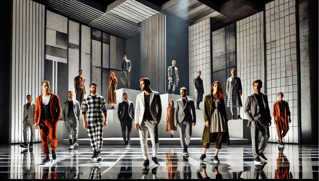 Modern theater performance inspired by Shakespeare, featuring actors in contemporary costumes on stage.