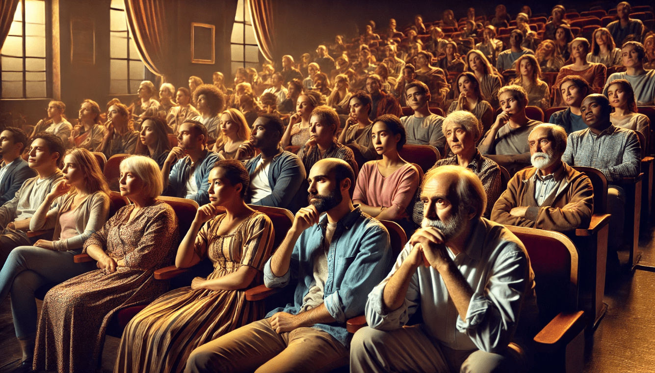Audience engaged in a live Shakespearean play, reflecting the emotional impact of his works on modern theatergoers