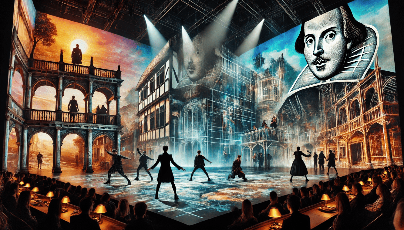 Immersive modern theater performance of a Shakespeare play, using technology like digital projections for an evolved experience