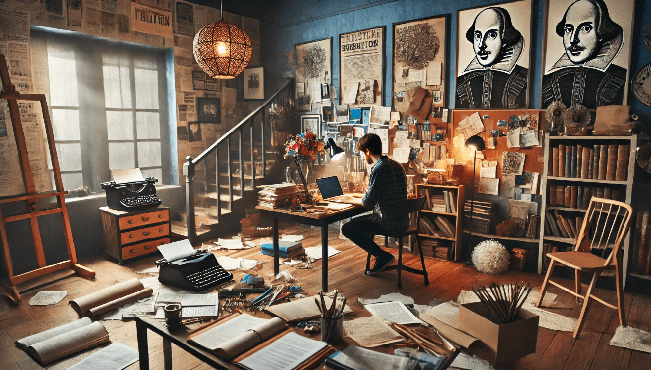Playwright in a creative studio using Shakespeare's techniques, surrounded by notes and modern theater tools