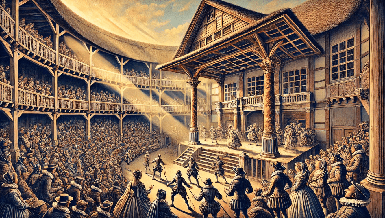 The Globe Theatre in the 16th century, with actors performing on stage under natural daylight, illustrating Shakespeare’s innovative use of stage design.