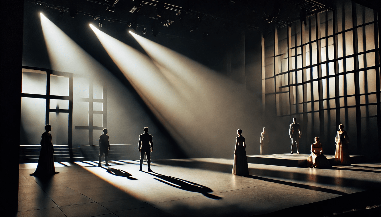 Modern theater production using dramatic lighting and shadow play to enhance atmosphere, reflecting Shakespeare’s use of light and dark.