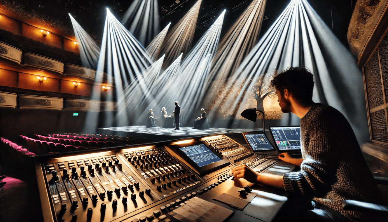 Lighting designer creating emotional atmosphere on stage using spotlights and color washes, applying Shakespeare's lighting techniques in modern theater