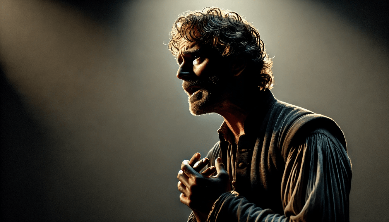 Actor delivering a Shakespearean monologue on stage with emotional vocal expression and dramatic lighting