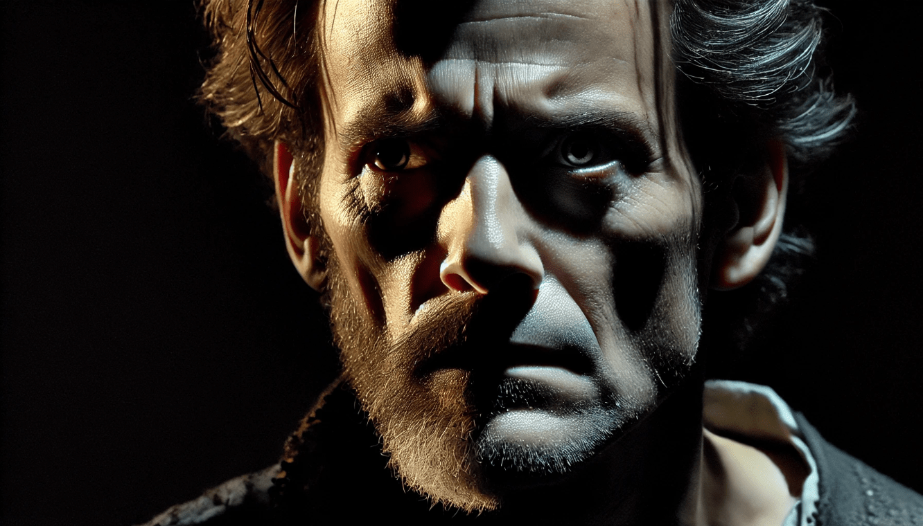 Actor depicting multi-dimensional character in a Shakespearean play, showing emotional conflict