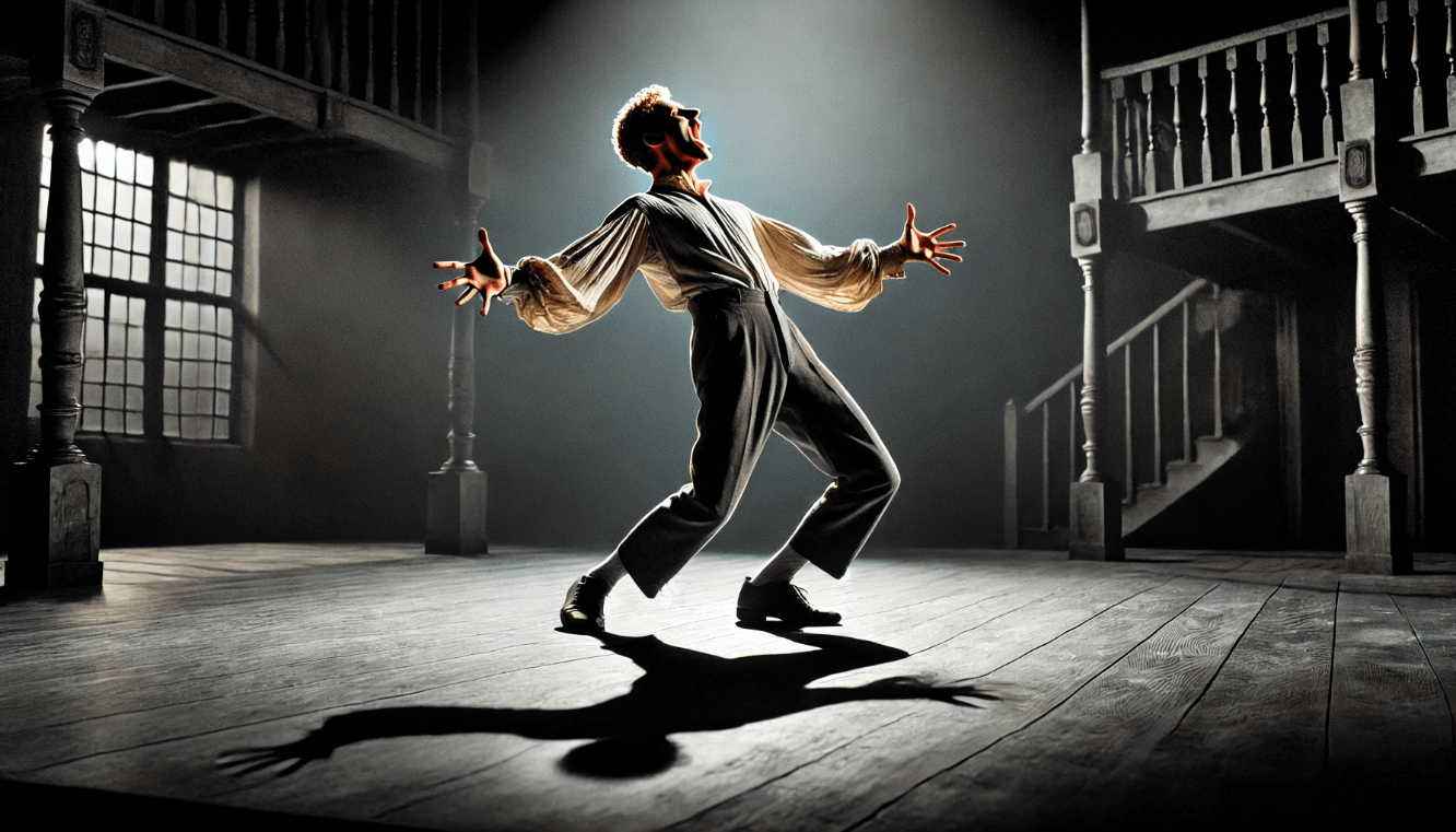 Actor using body language and gestures on stage to convey emotion in a Shakespearean performance