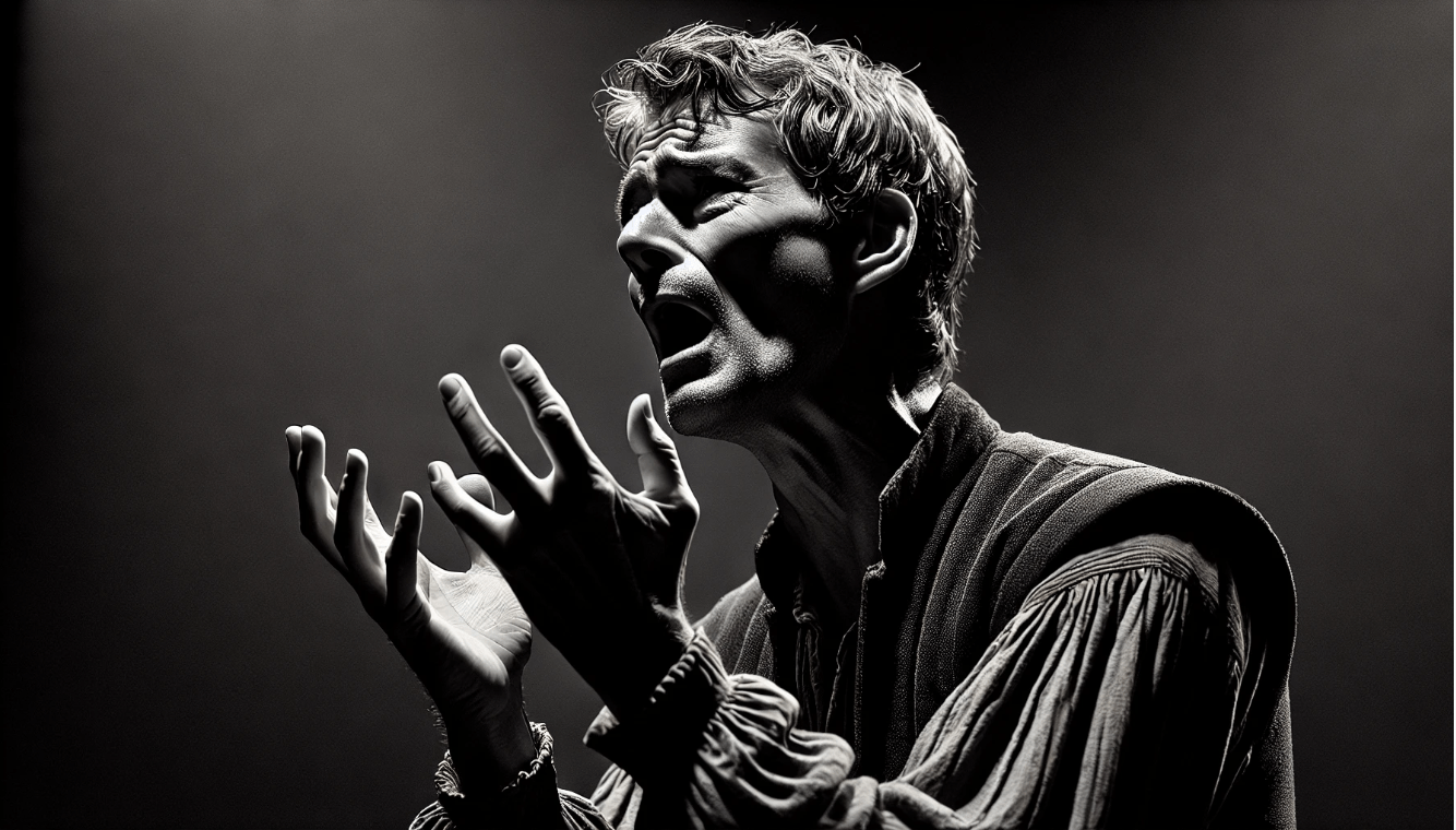 Actor performing Hamlet’s soliloquy with emotional depth on stage, showcasing emotional realism