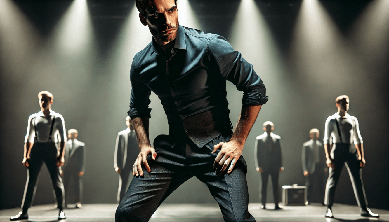 Actor showcasing strong stage presence on stage with commanding posture and confident eye contact