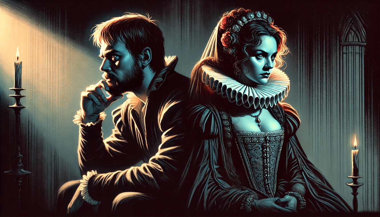 Shakespearean characters Hamlet and Lady Macbeth reflecting on internal conflicts