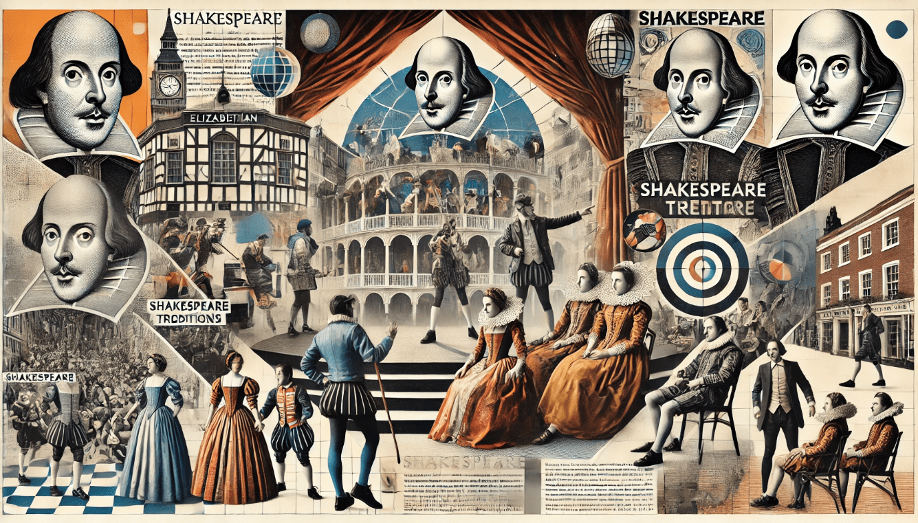Collage of Shakespeare’s key contributions to modern theatre traditions, including actors, language, and staging.