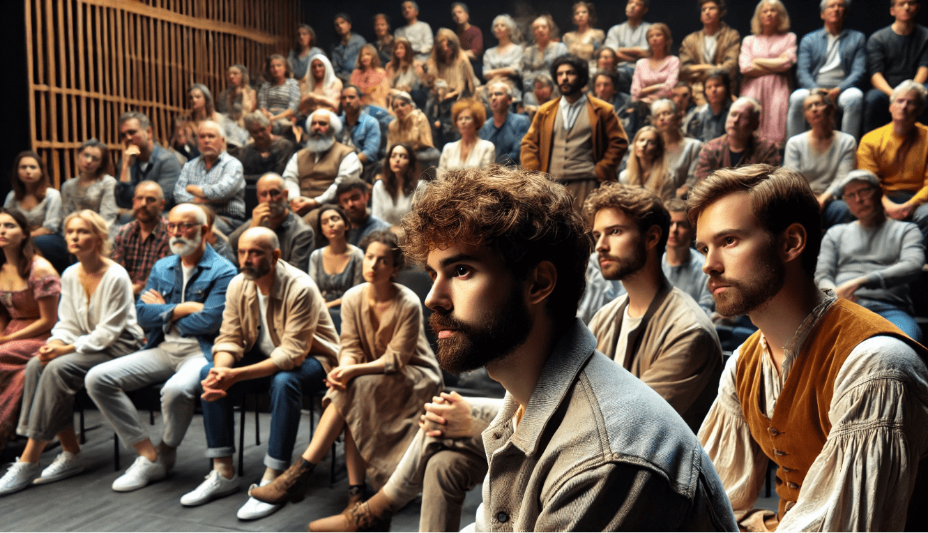 Theatre audience immersed in a Shakespearean play, appreciating character depth and language