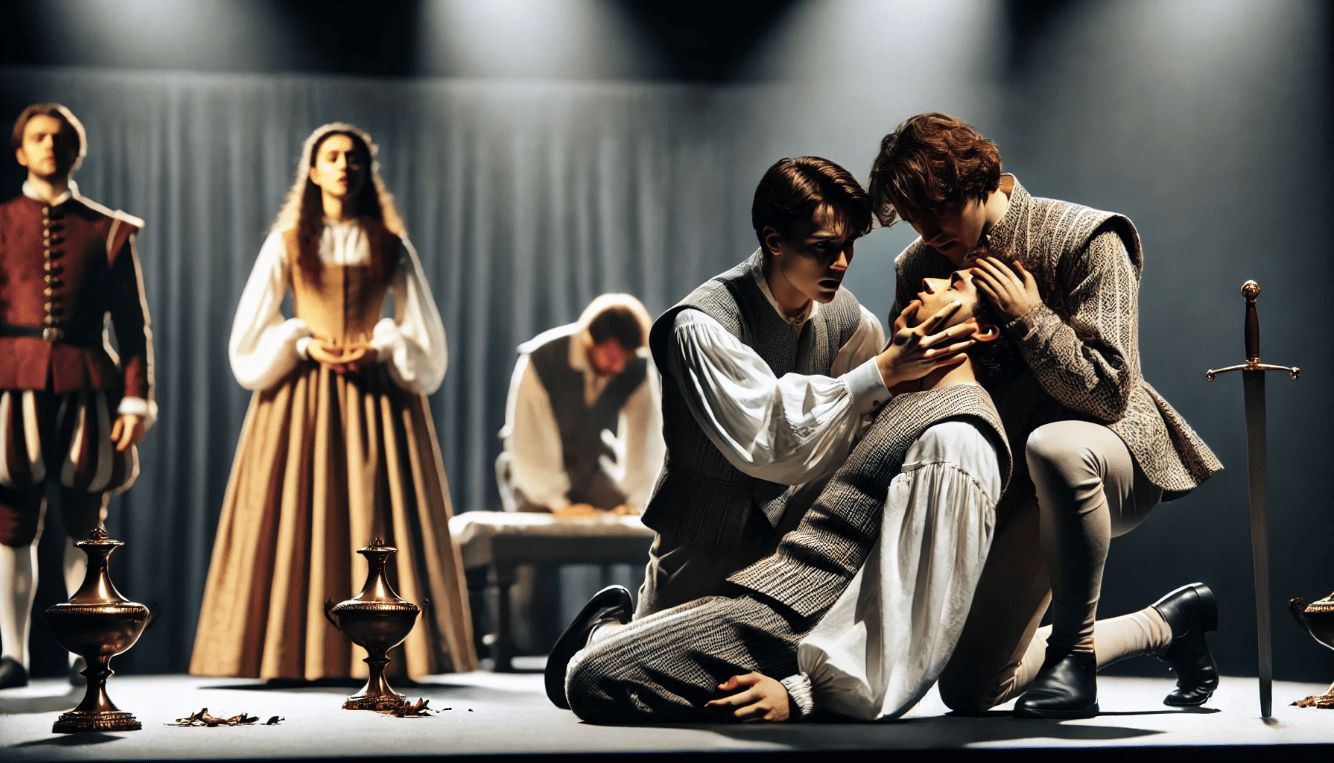 Shakespearean theatre production showing actors in traditional costumes, emphasizing universal human emotions in modern theatre