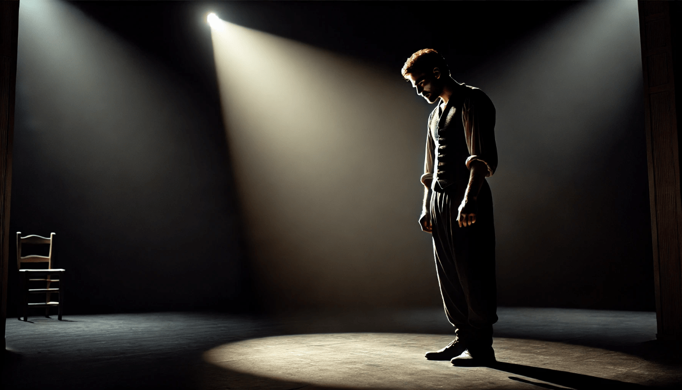 Actor performing a Shakespearean soliloquy, showcasing emotional depth and inner conflict on stage.