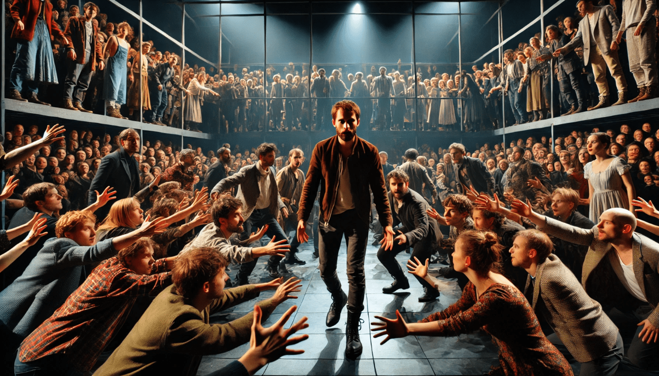 Immersive theatre production of a Shakespeare play with actors engaging with the audience, showcasing modern staging techniques.