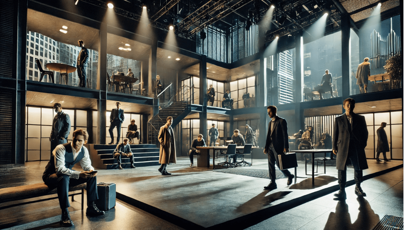 Modern adaptation of Shakespeare's Macbeth, with contemporary set and costumes, offering a fresh take on the classic play.