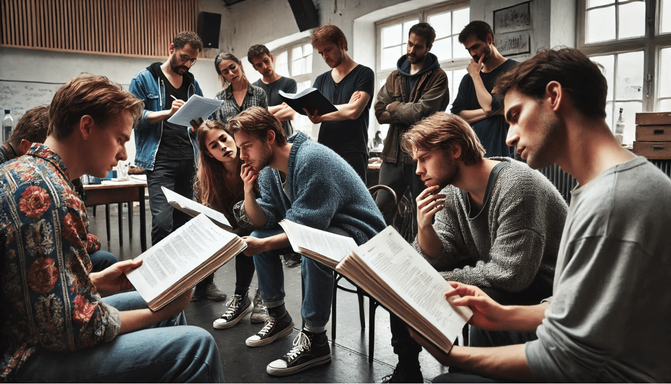Actors rehearsing Shakespearean dialogue with a director, focusing on character depth and emotional range in modern theatre