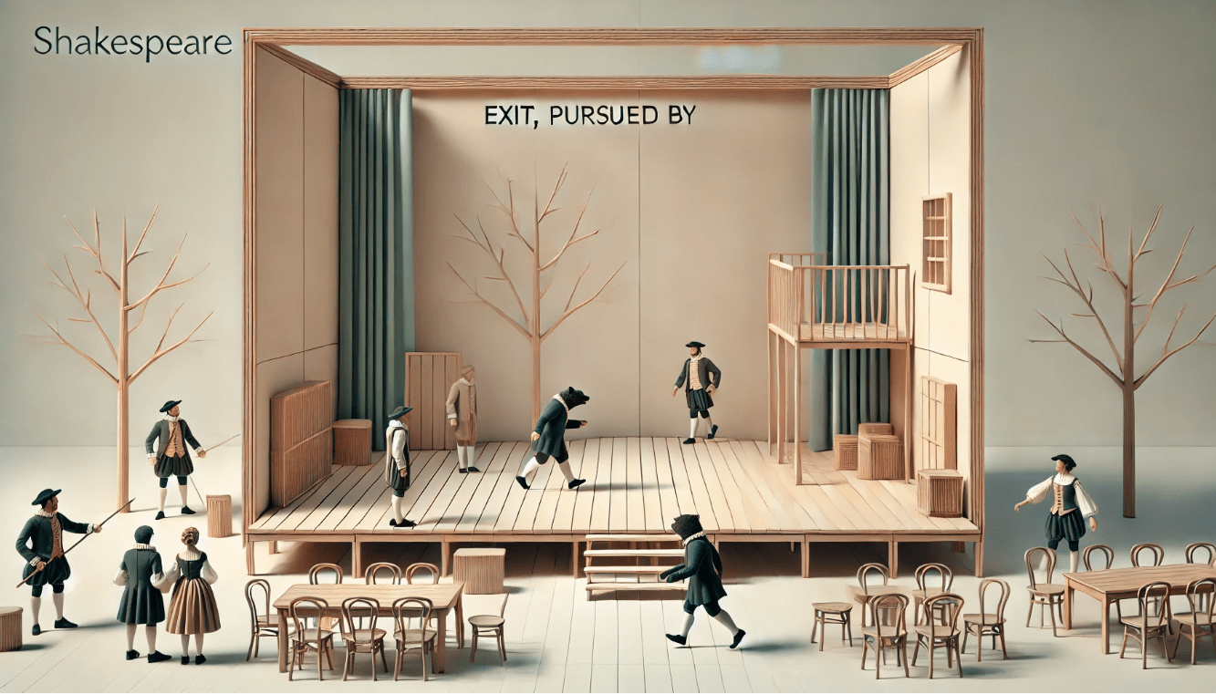 Minimalist stage design depicting Shakespearean stage directions, with actors performing a scene from The Winter's Tale and simple props.