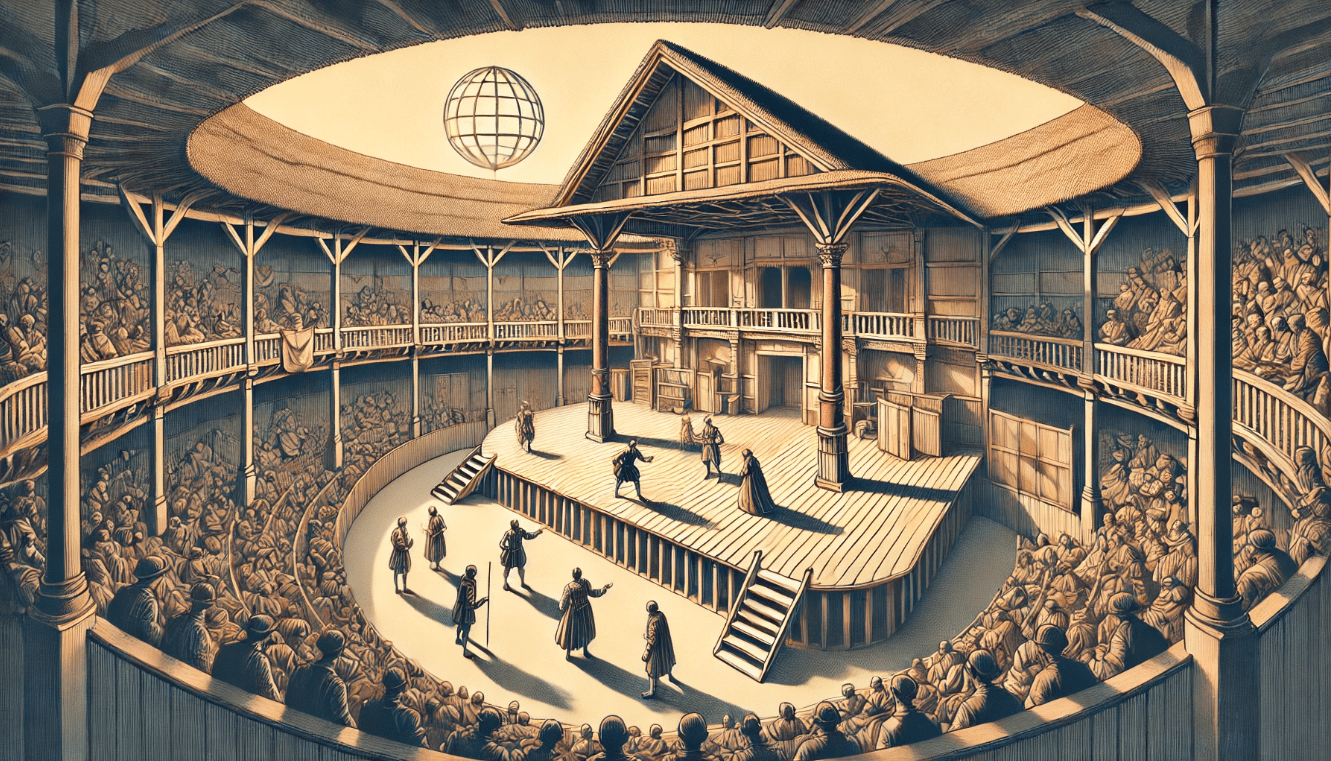 The Globe Theatre with an open, minimalist stage showing actors in Shakespearean costumes performing with minimal props