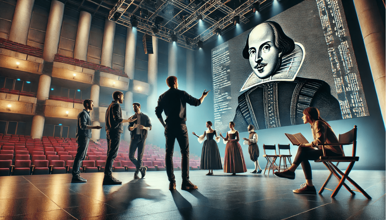 Modern director and actors interpreting Shakespearean stage directions during a rehearsal, with creative set designs and light cues