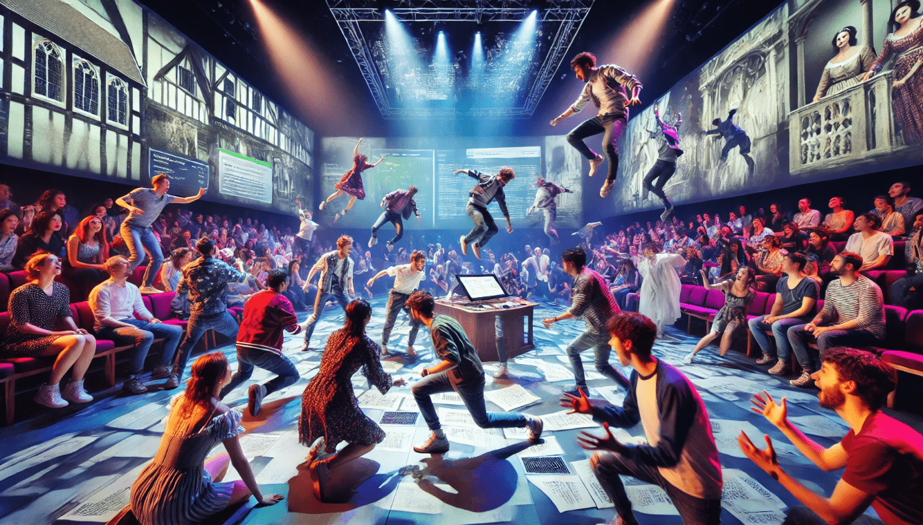 Immersive theatre scene with the audience participating in a Romeo and Juliet performance, highlighting modern adaptations of Shakespeare's stage directions.