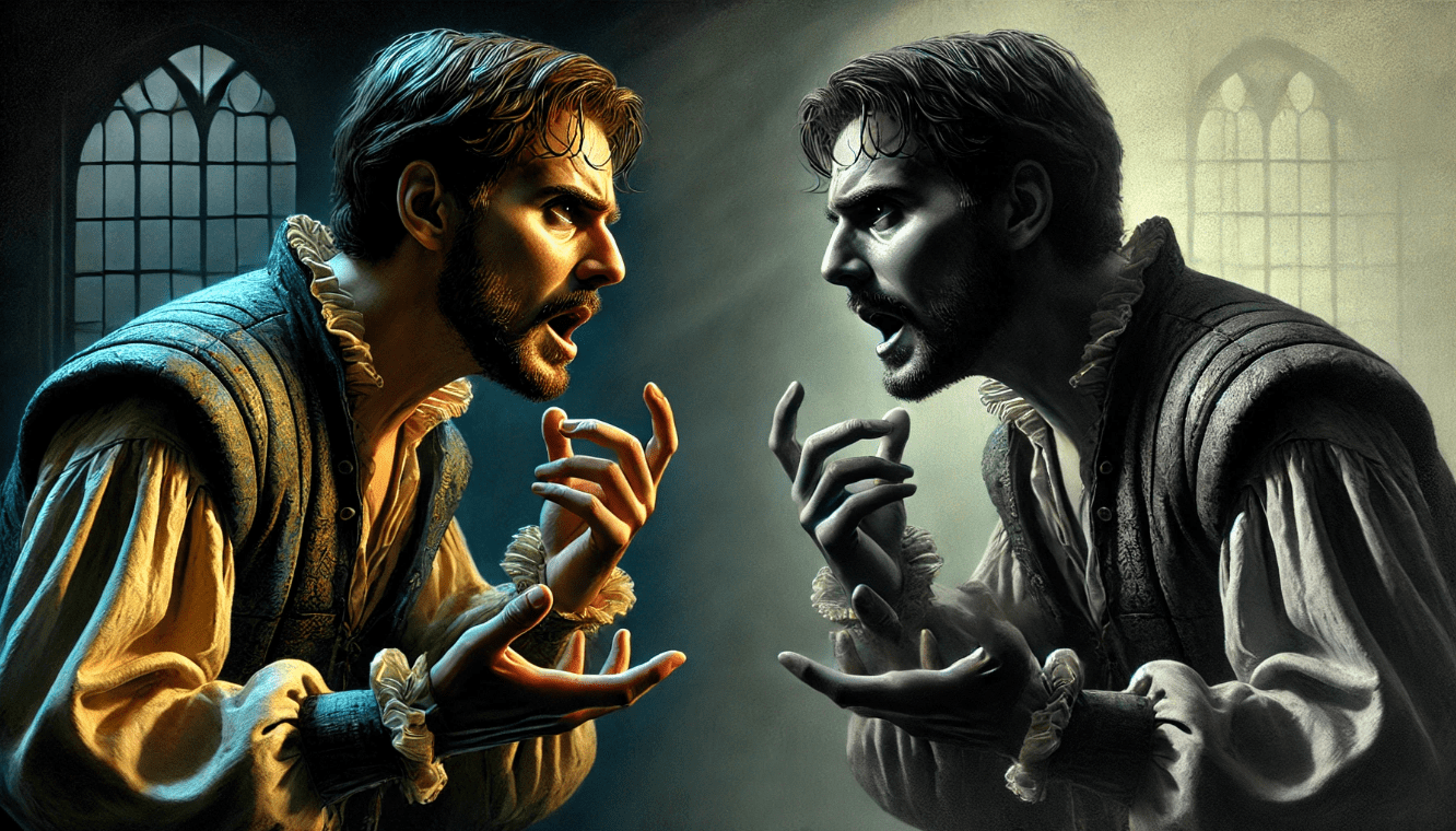 Shakespearean character in deep psychological conflict, illustrating the emotional depth and complexity of characters in Shakespeare’s works.