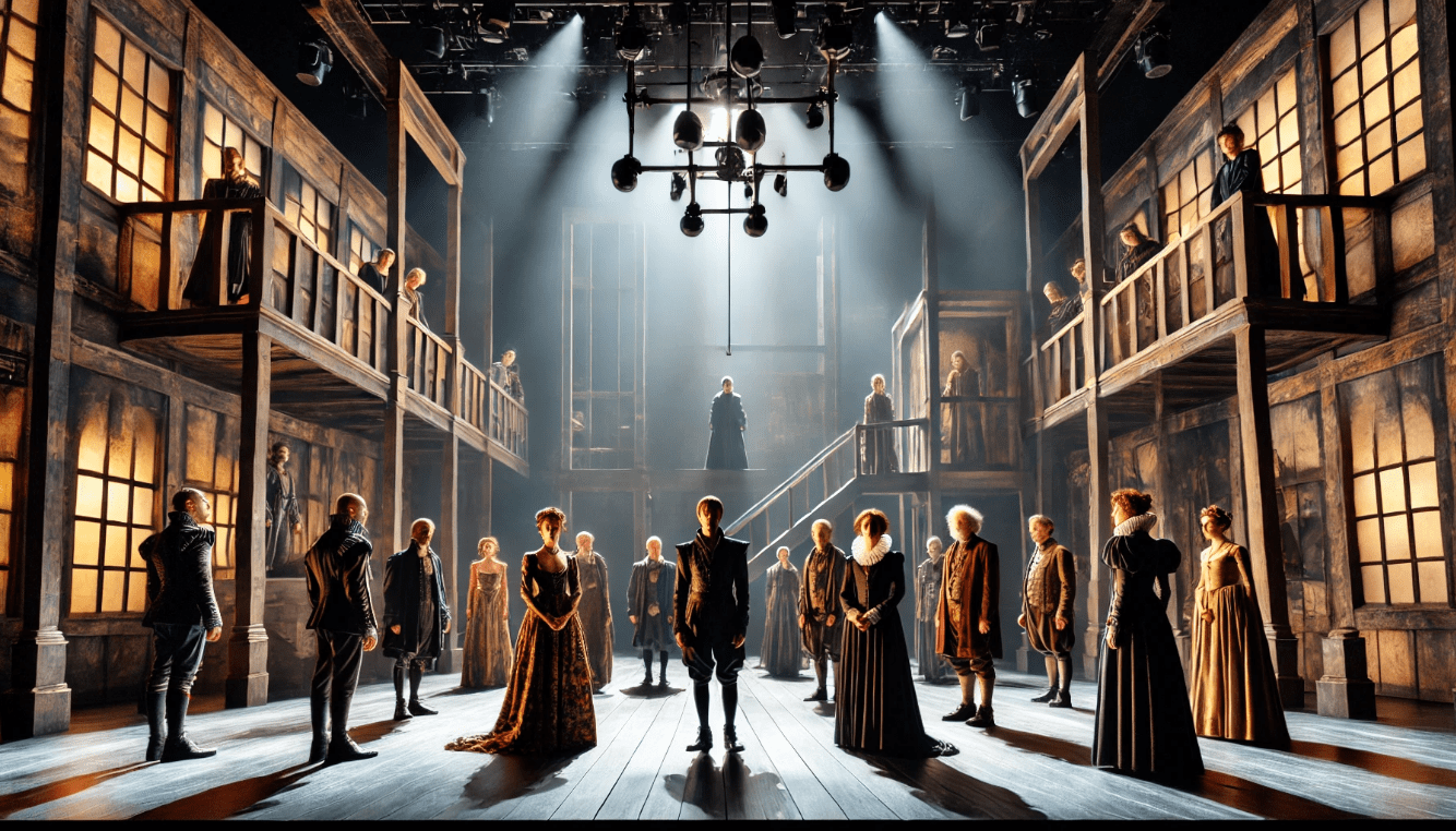 Modern theatre performance of Shakespeare's Macbeth or Hamlet with a diverse cast, blending traditional and contemporary theatre elements