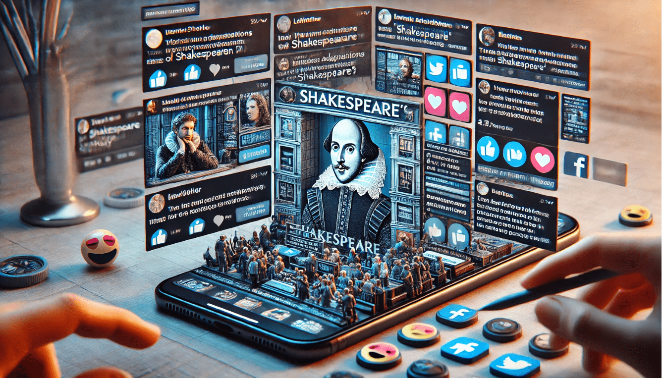 Digital discussion on social media about Shakespearean play adaptations, reflecting Shakespeare's impact on modern theatre criticism in the digital age.