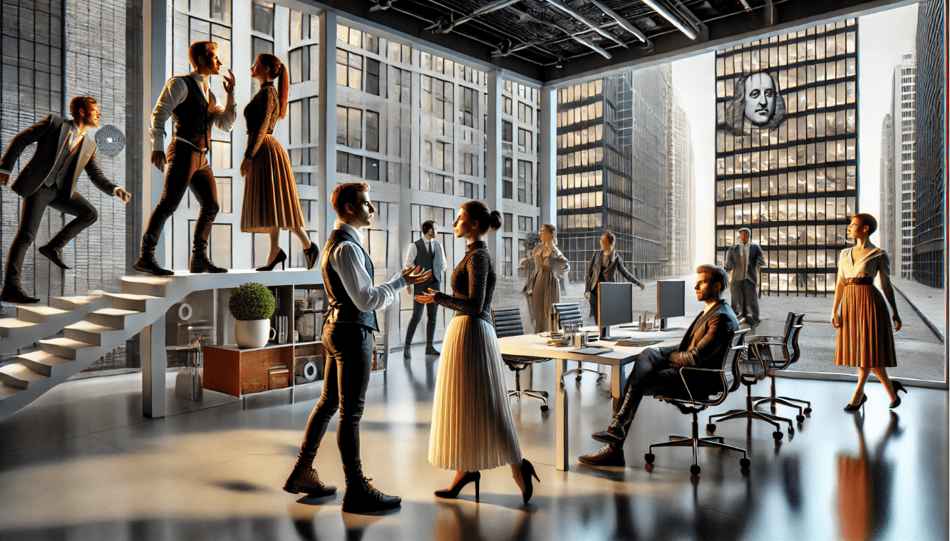 Modern adaptation of Shakespeare's Romeo and Juliet or Macbeth, set in a contemporary urban or corporate environment with modern attire and stage design