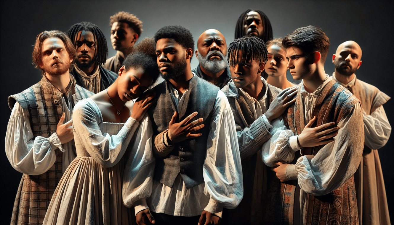 Diverse cast of actors performing Shakespeare’s Hamlet or Othello, showcasing modern inclusive casting and diverse perspectives on stage