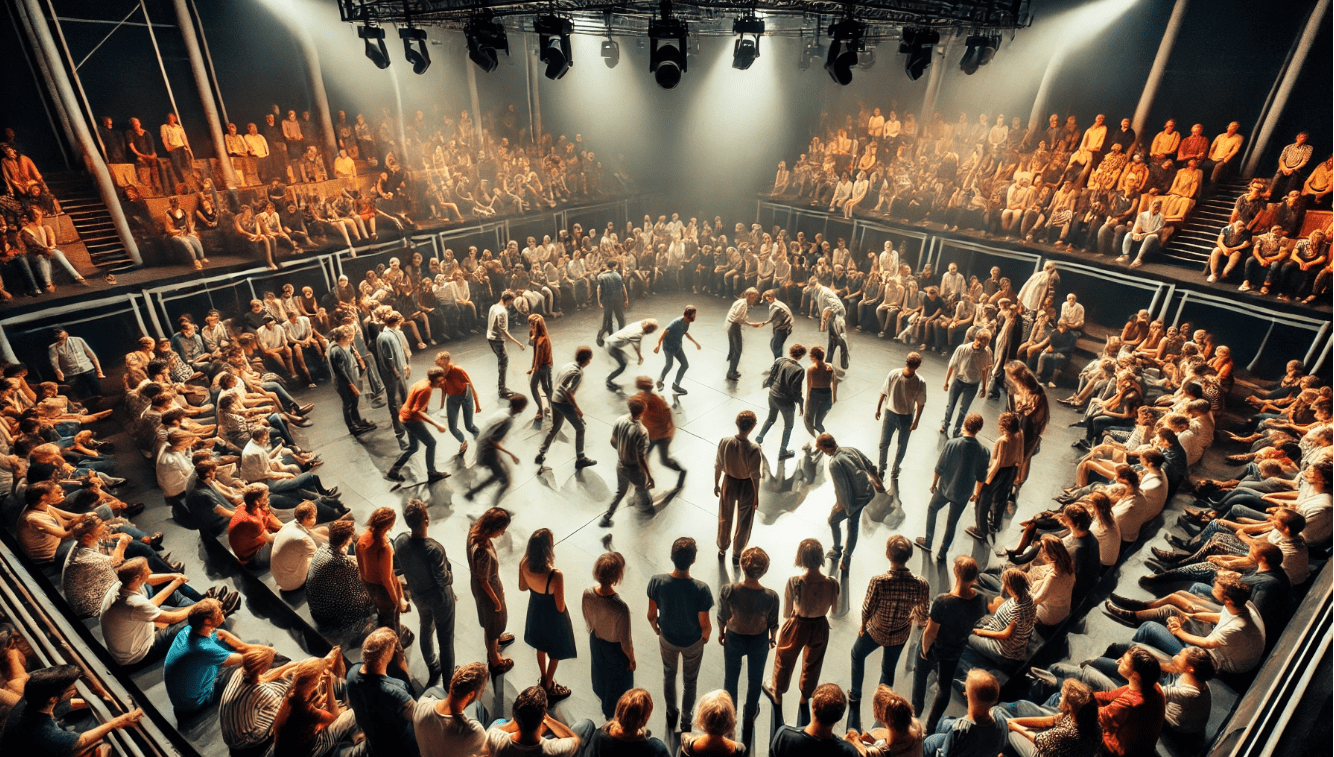 Immersive theatre experience with the audience surrounding the stage for better engagement