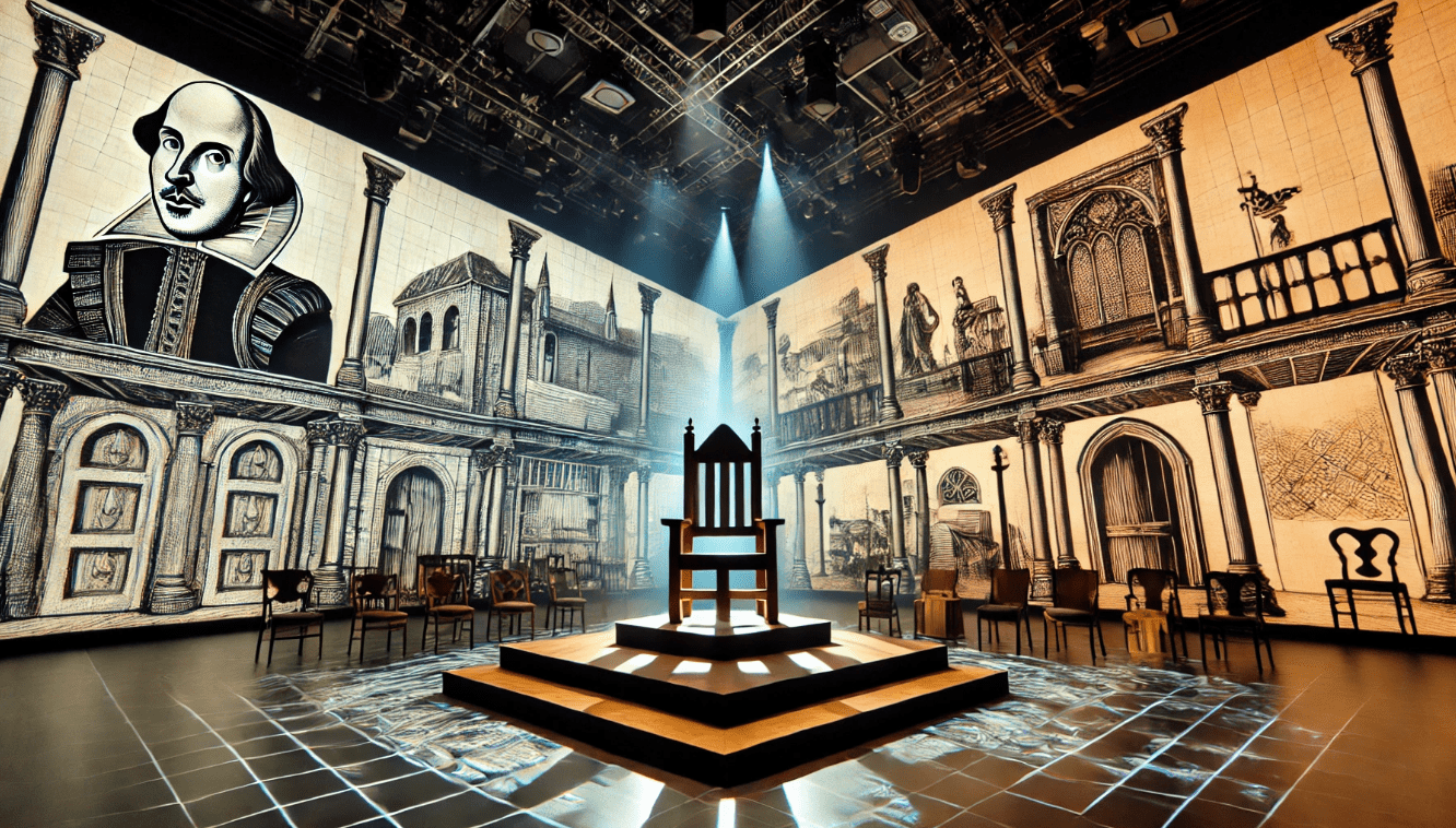 Modern stage with digital effects contrasting Shakespeare’s minimalist stage design