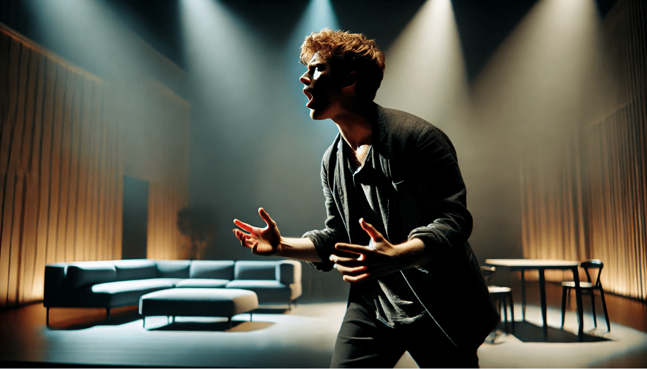 Actor performing a dramatic Shakespearean-style monologue in modern theatre, showcasing emotional depth and intensity.